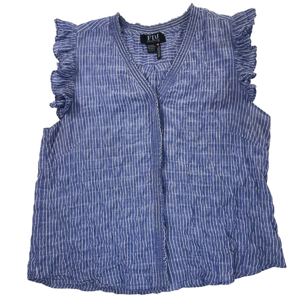 FDJ French Dressing Jeans Top Womens M Blue Stripe Ruffle Sleeveless Cotton